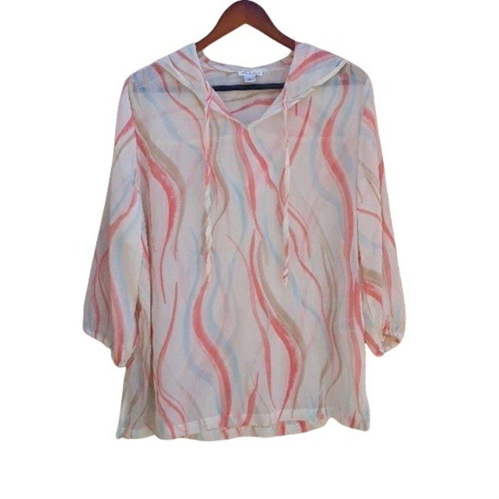 Bechamel Top Sheer Hoodie Pullover Swimsuit Coverup Squiggle Print‎ Coral Sz  L